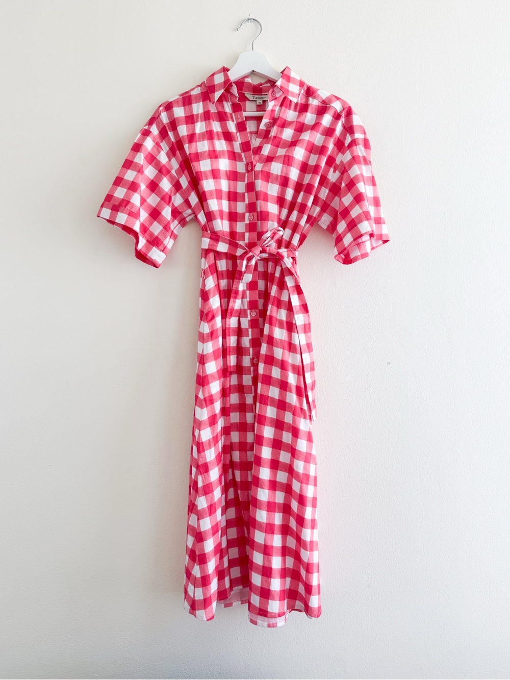 Tucker Pink and White Gingham Maxi Shirt Dress with Tie Waist sz xs